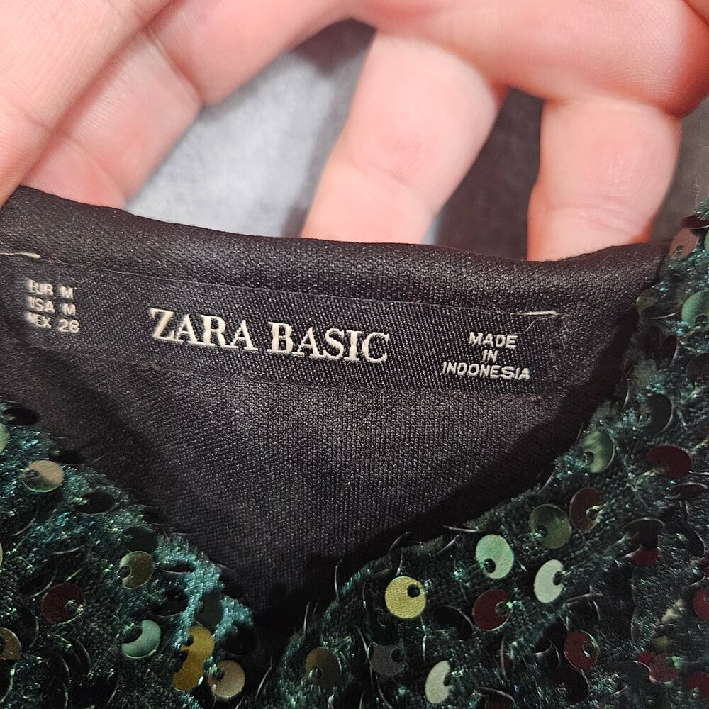 Zara Green Velour Sequined Stretch Sz Medium Mini Coctail Party Club Dress - Picture 2 of 8